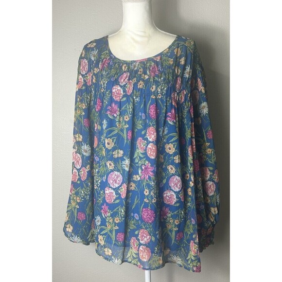 Terra & Sky Blue Smocked Chiffon Floral Blouse Plus Size 3X (24/26) - Picture 6 of 14